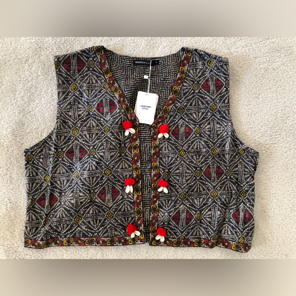 GENERATION Pakistan cambric cotton koti gray red print seashell detail size 14 L
